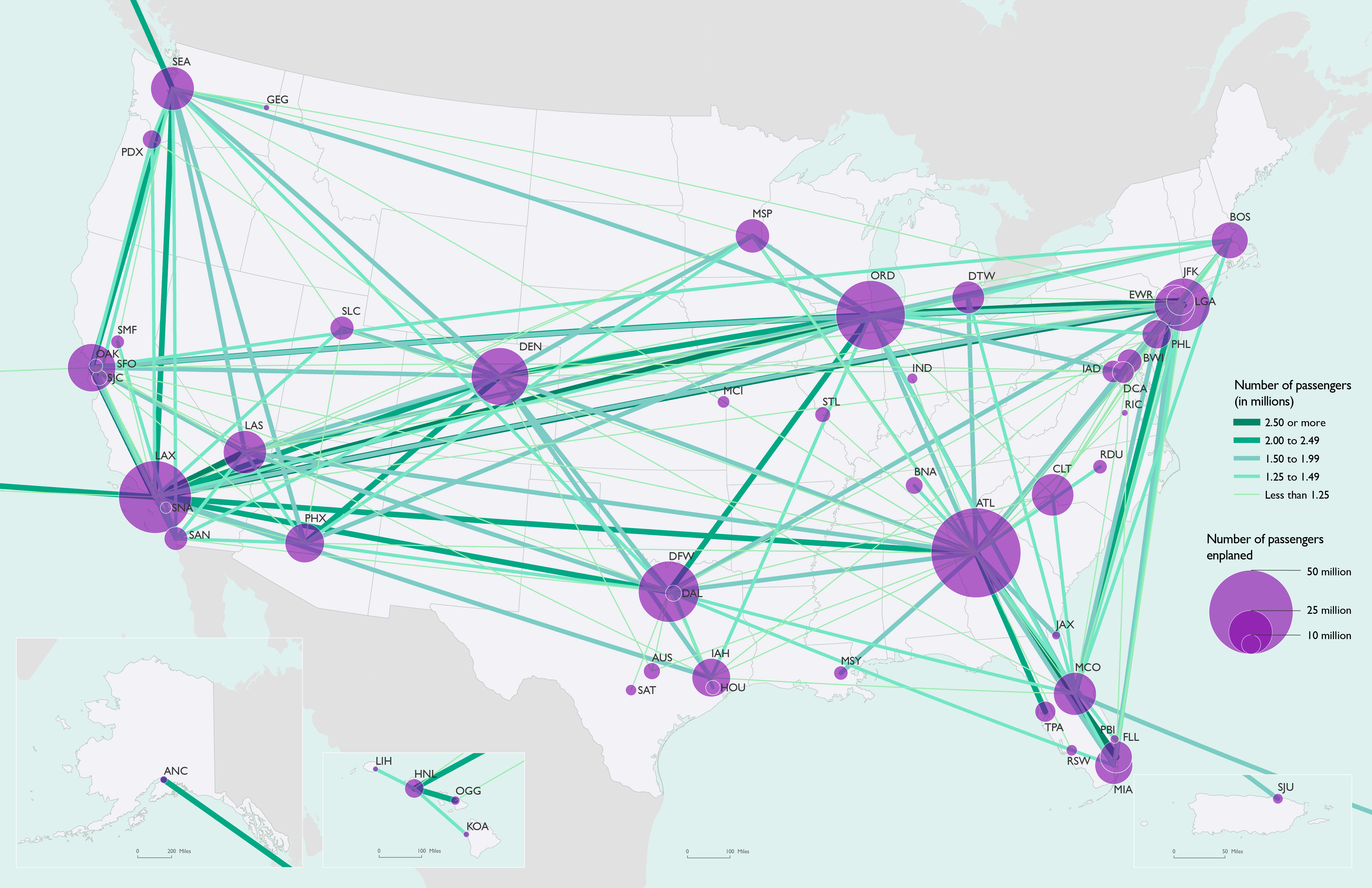 Airport Origin-Destination Pairs with More than 1 Million Passengers, and Enplanements: 2019 (Pre-Pandemic) Map