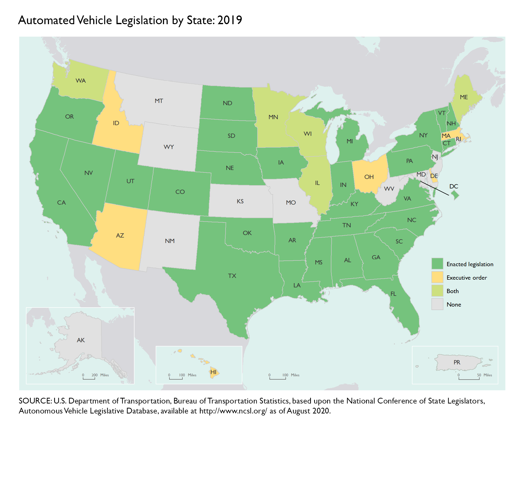 Map of U.S. showing states with legislation regarding automated vehicles