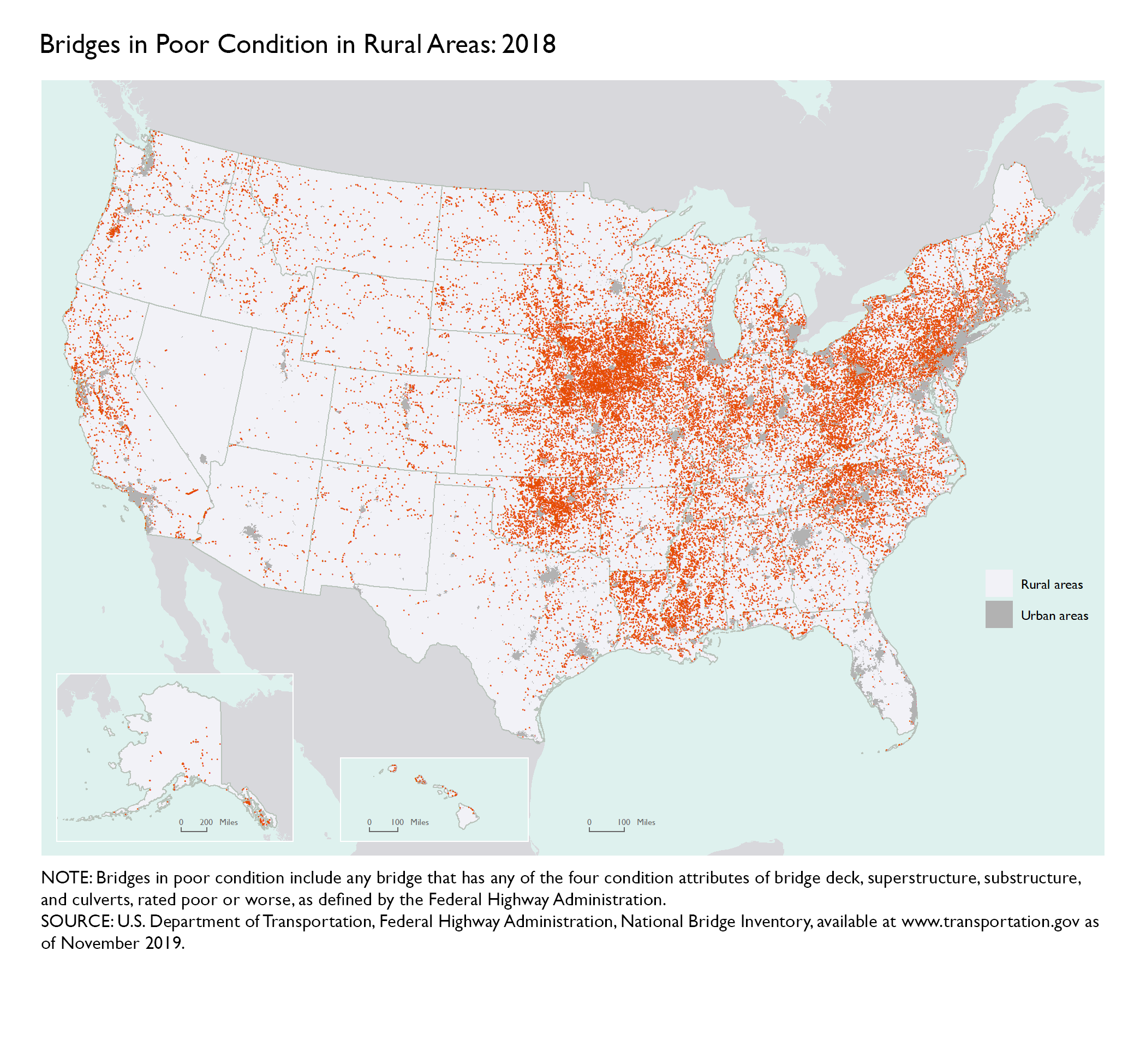 Map of U.S. showing bridges in poor condition in rural areas