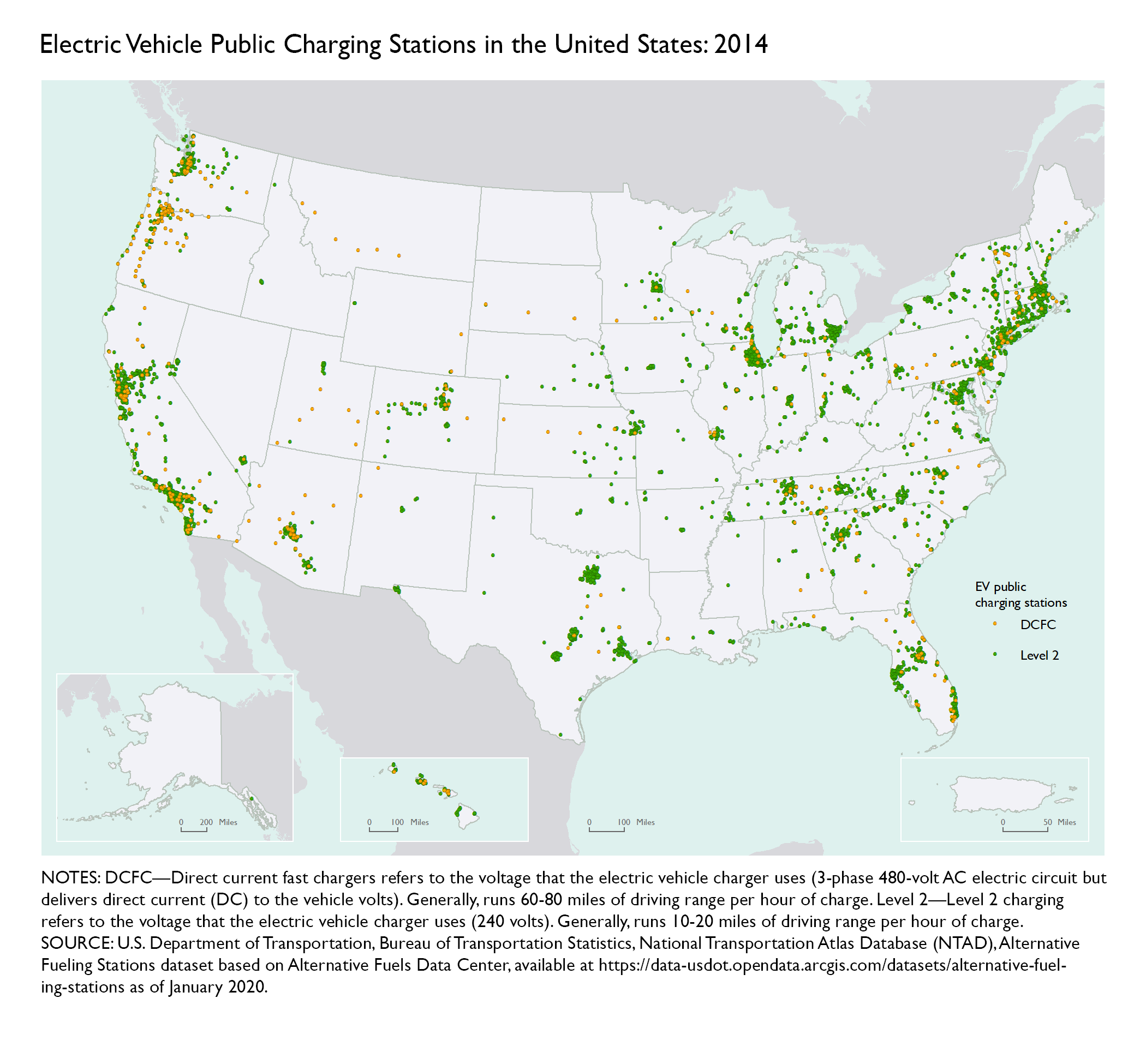 Map of the U.S. showing electiric vehicle charging stations as of 2014