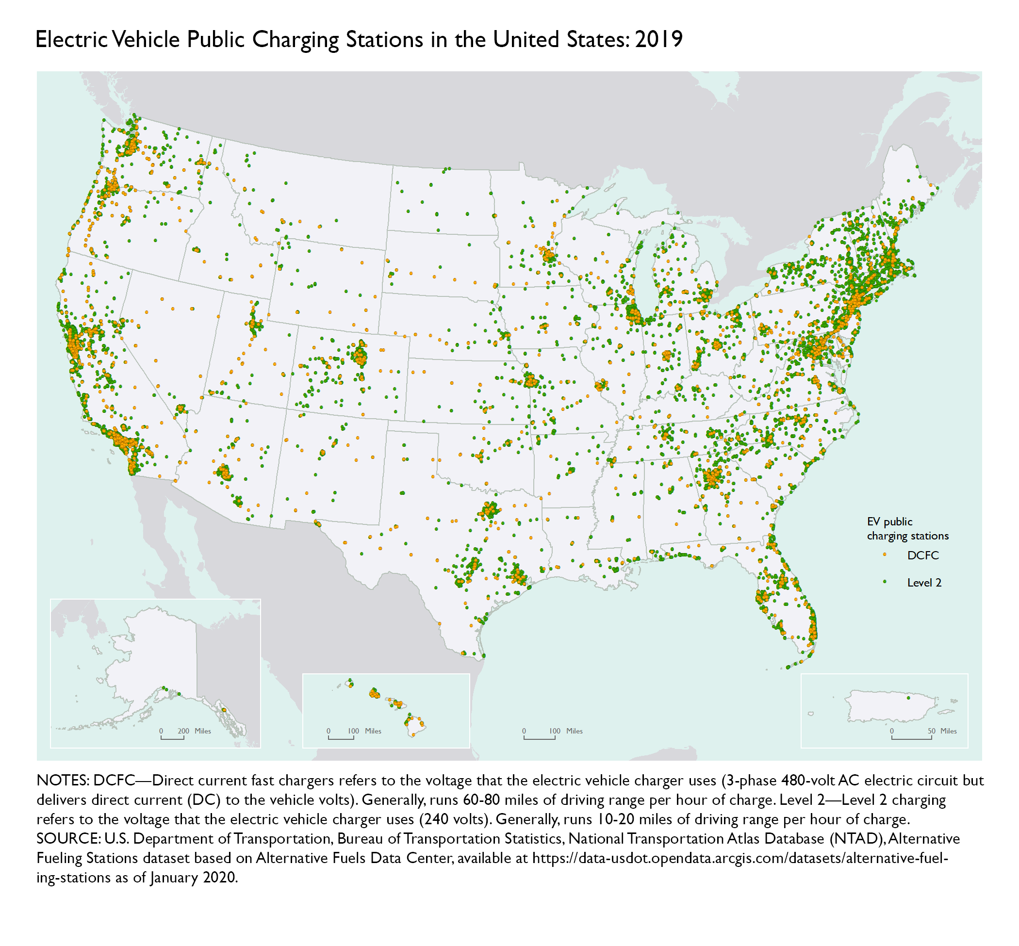 Map of the U.S. showing electiric vehicle charging stations as of 2019