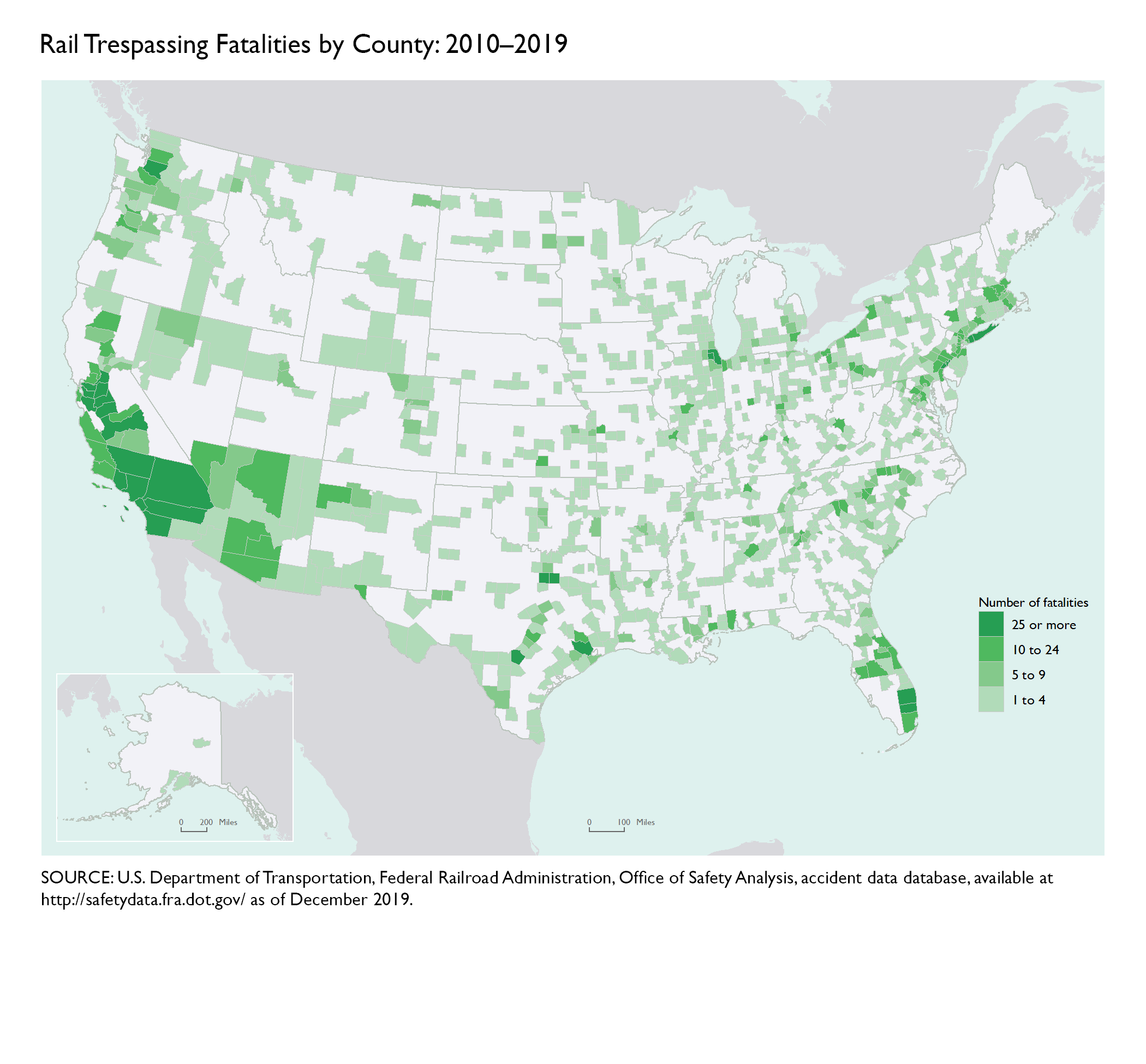 Map of the U.S. showing density of rail tresspassing fatalities
