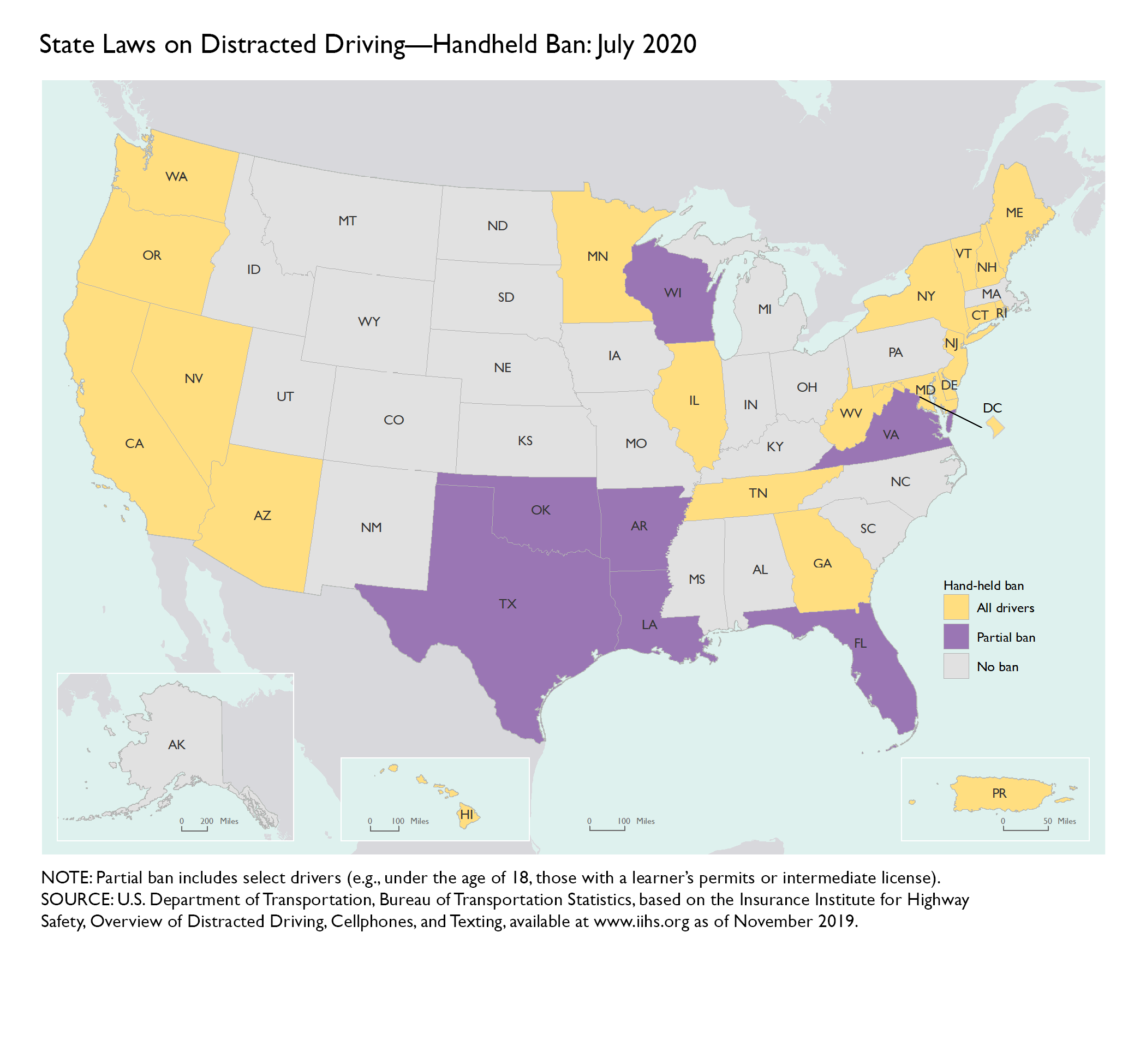 Map of the U.S. showing states with distracted driving regulations as of 2020