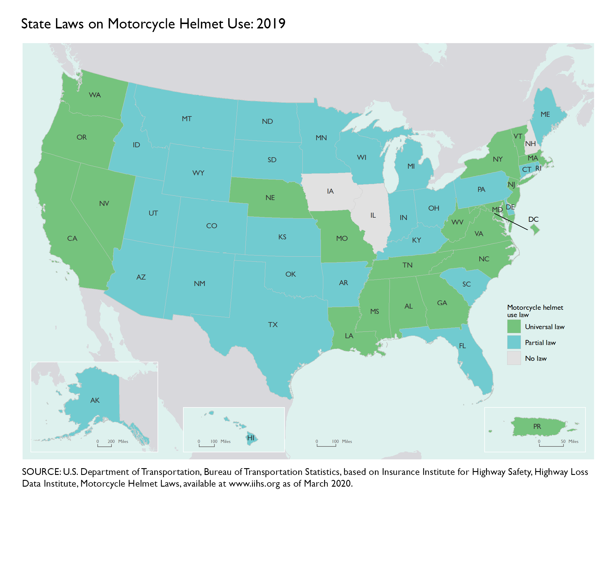Map of the U.S. showing states with motorcycle helmet laws as of 2019