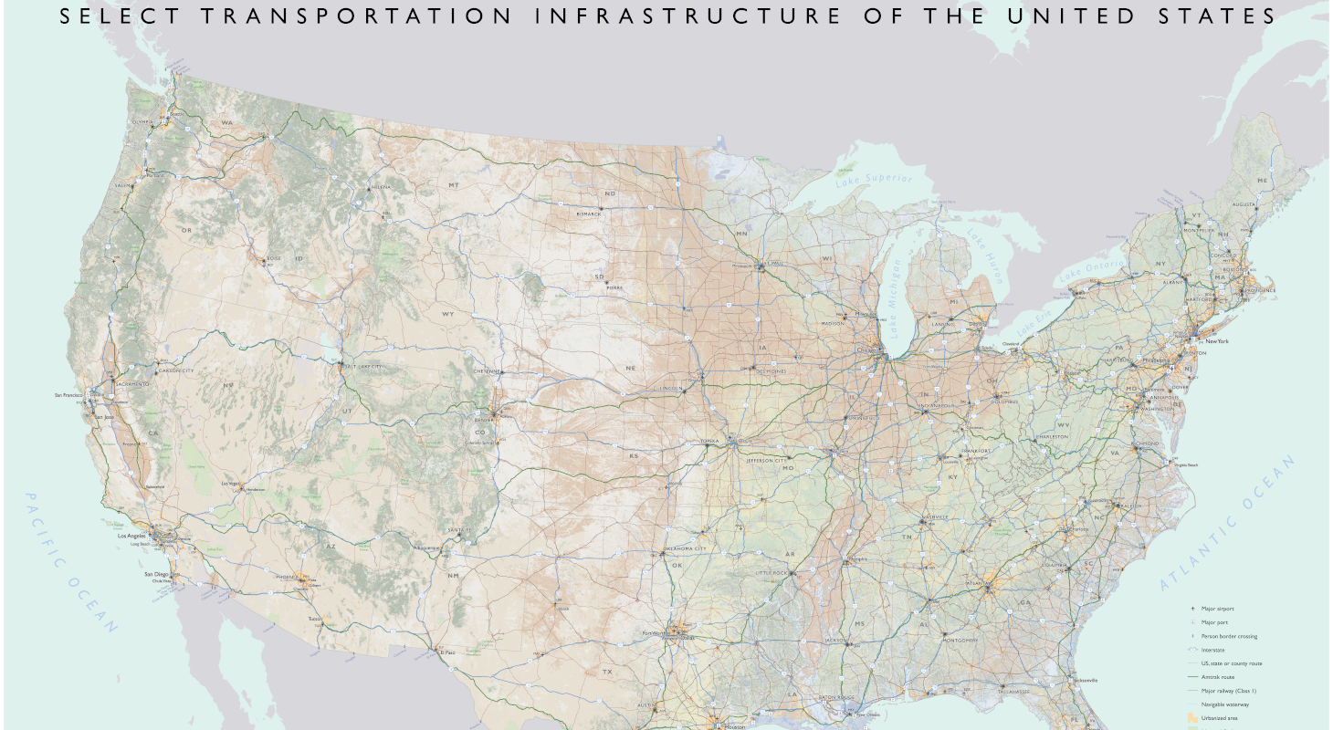 U.S. map showing select transportation infrastructure