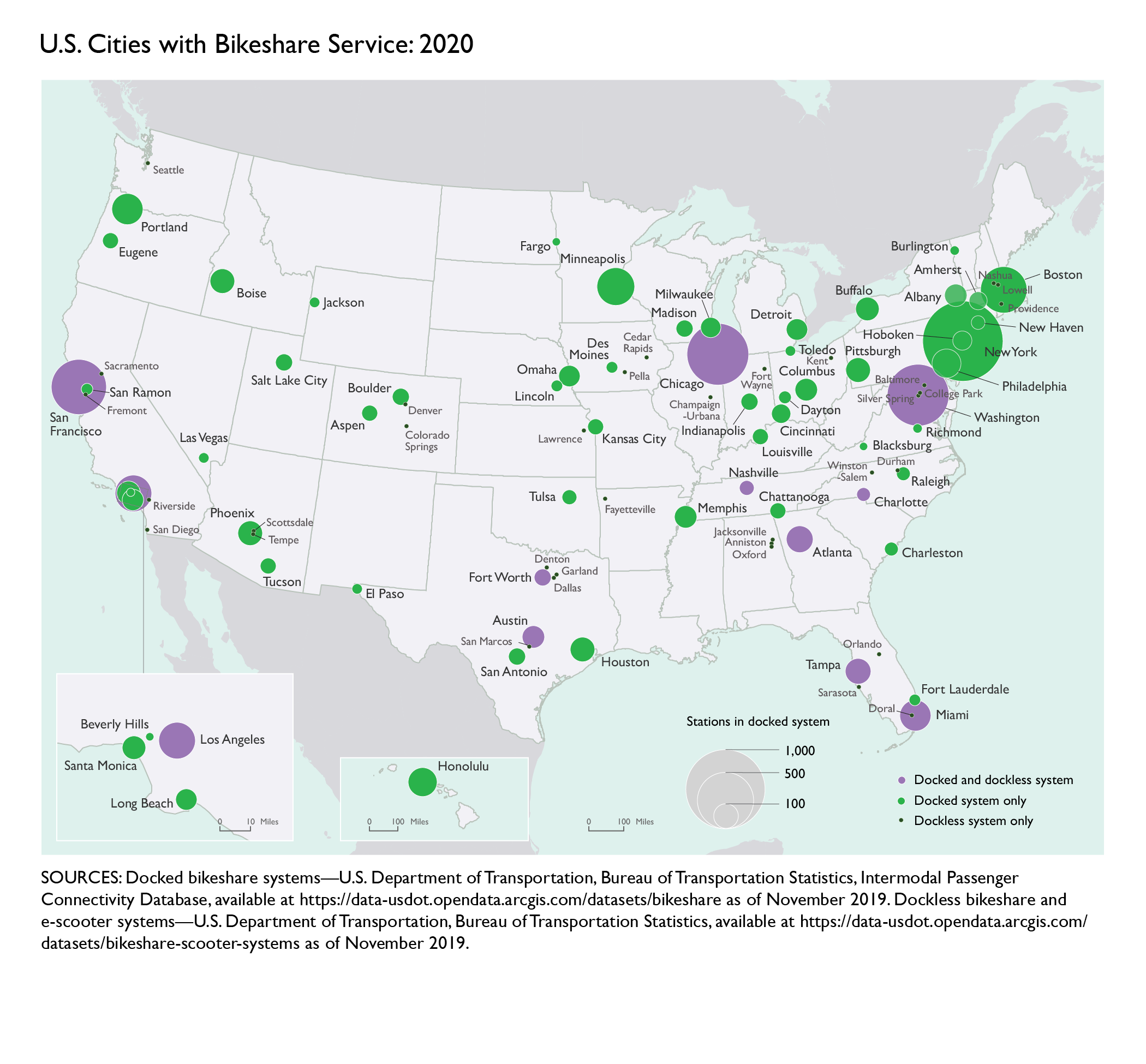 Map of the U.S. showing cities with bikeshare service as of 2020