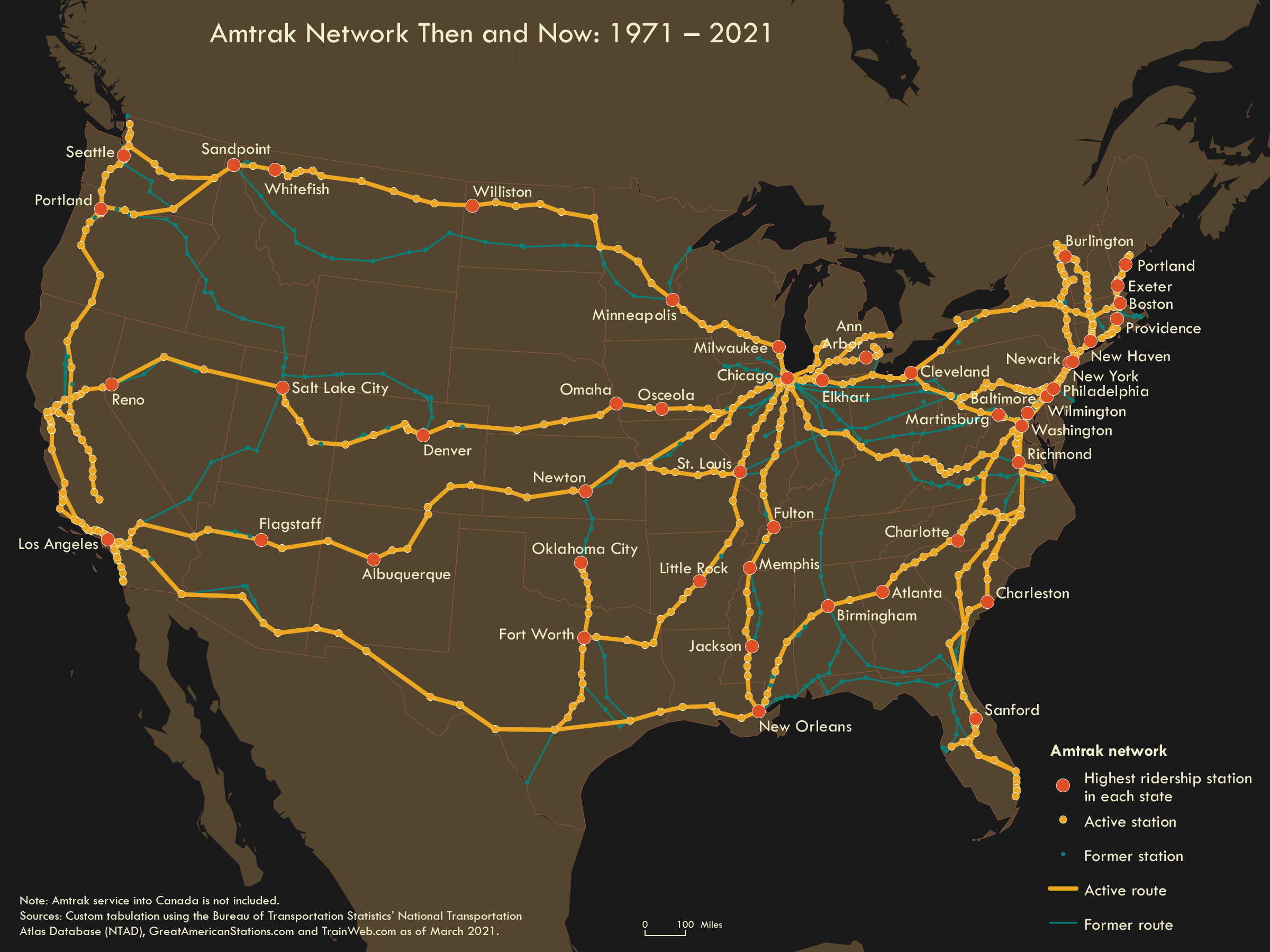 Map of amtrak stations and routes, both past and present, in the U.S.