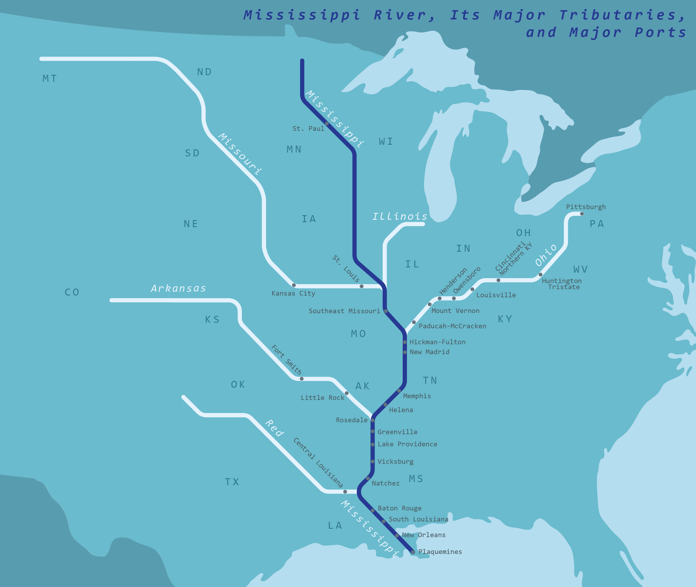 Mississippi River Watershed with Major Tributaries and Major Ports