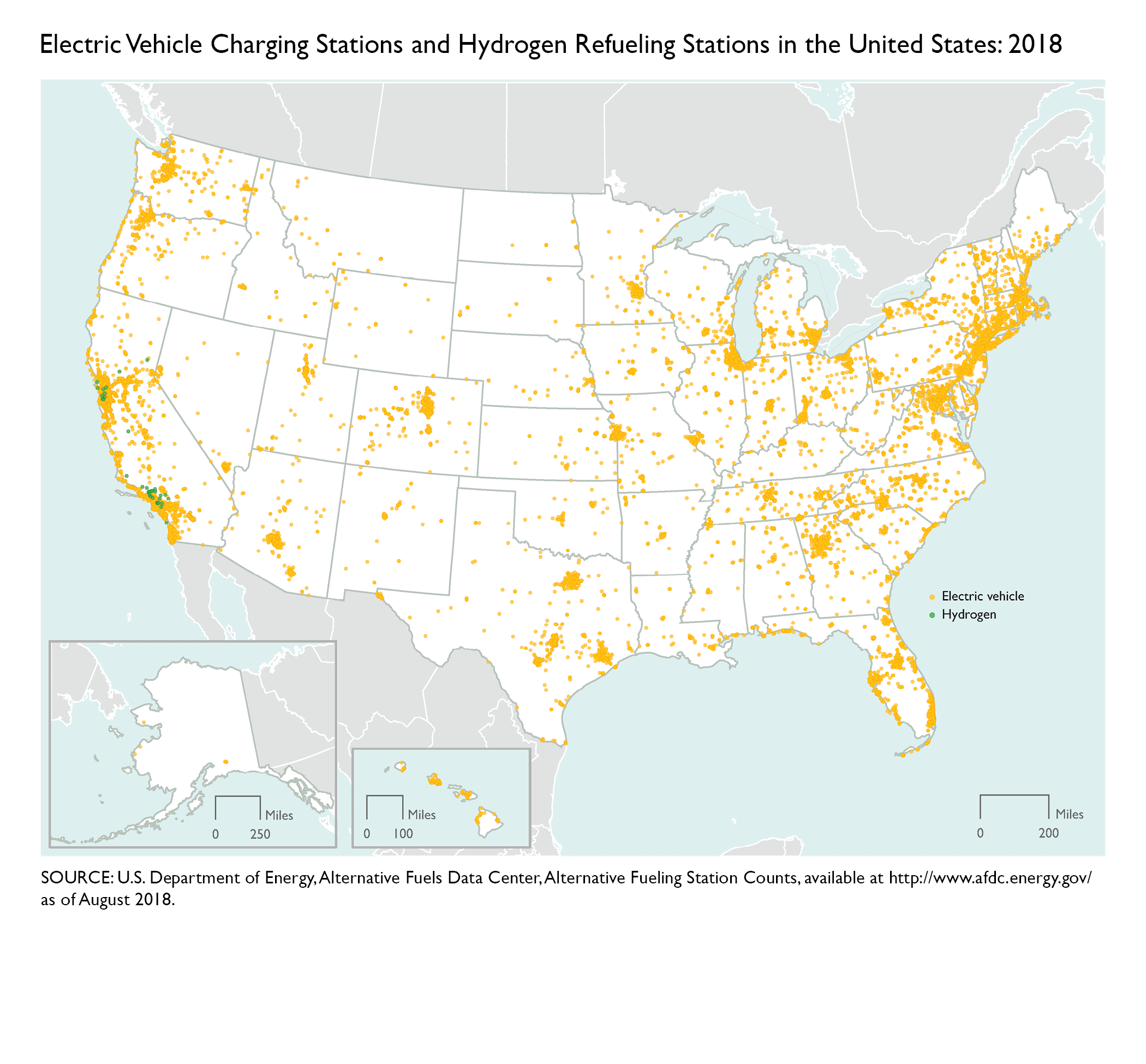 Electric Vehicle Charging Stations and Hydrogen Refueling Stations in the United States: 2018