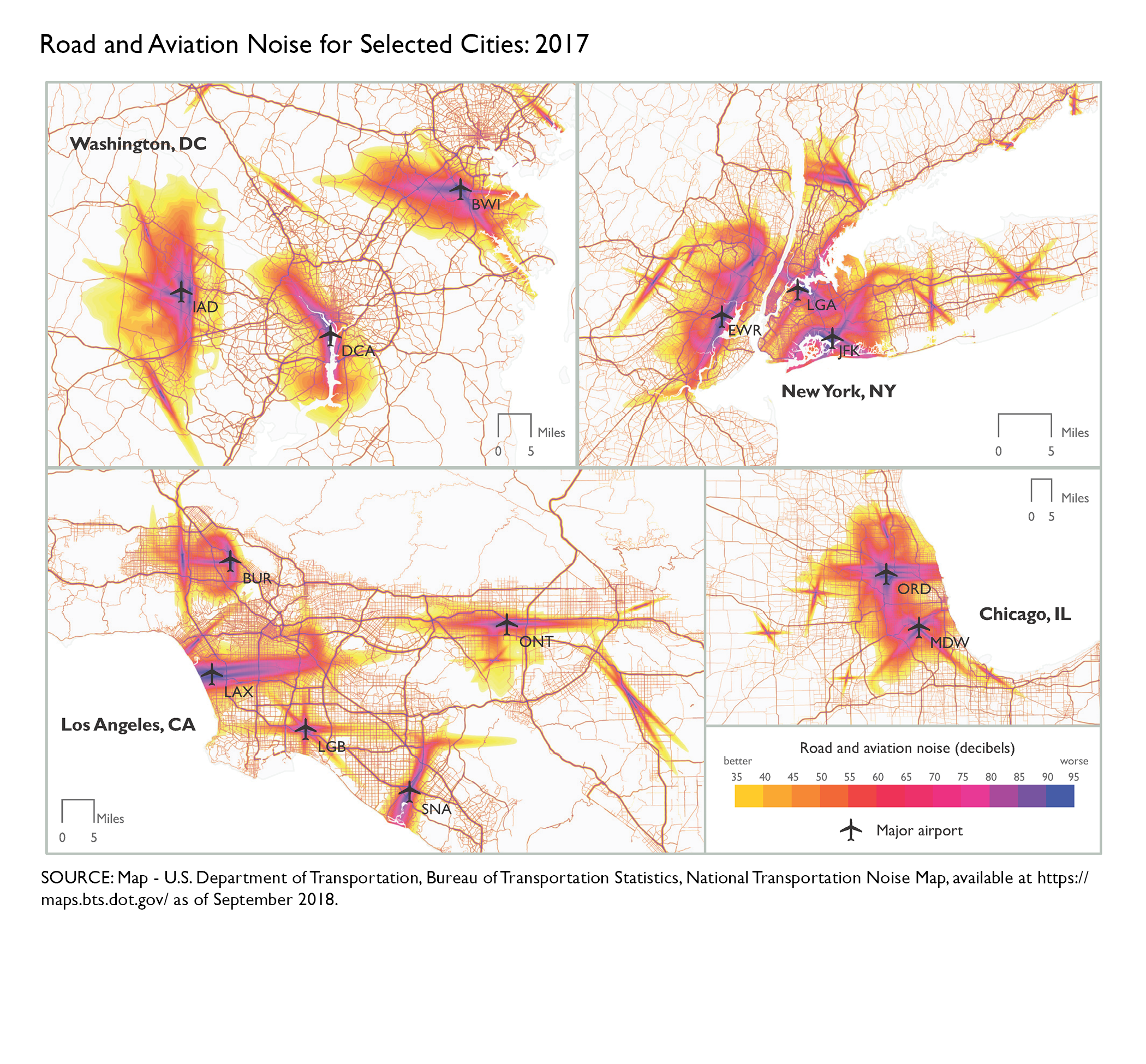 Road and Aviation Noise for Selected Cities: 2017