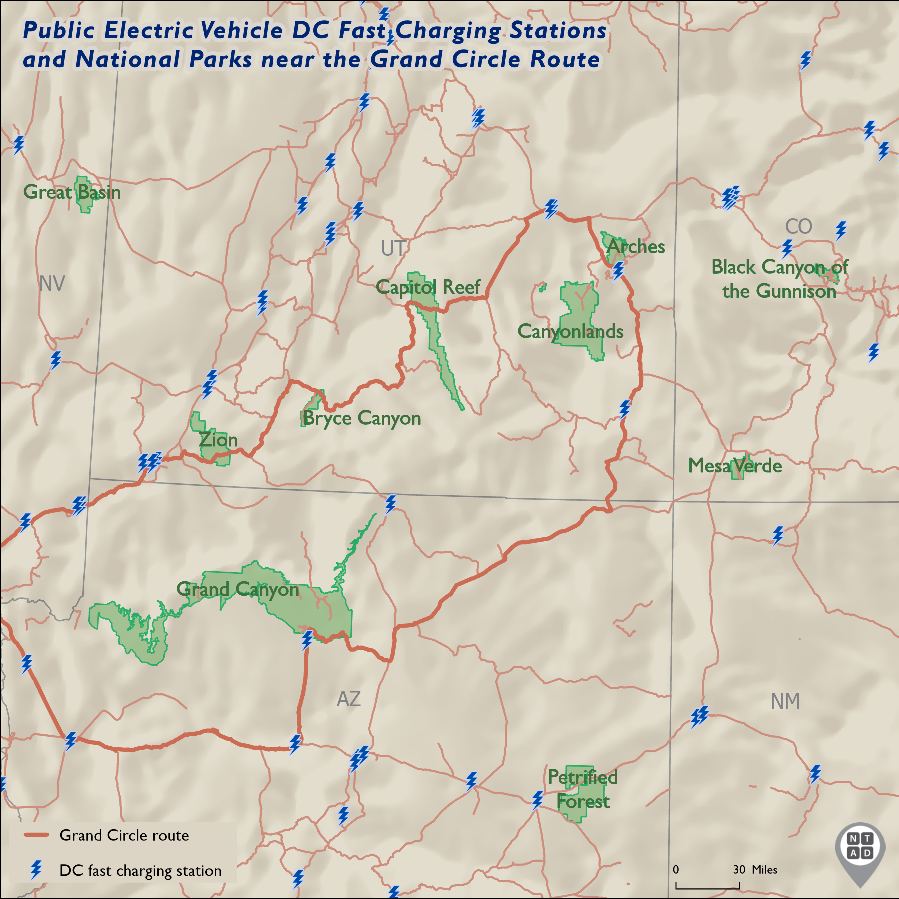 Public Electric Vehicle DC Fast Charging Stations and National Parks near the Grand Circle Route