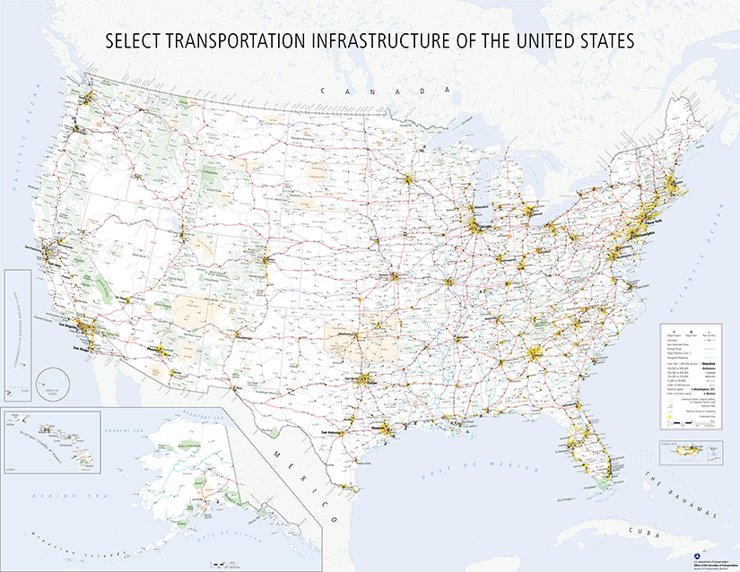 A map showing the major transportation infrastructure of the United States. The map includes major airports, marine ports, navigable waterways, person border crossings, the national highway system, and rail lines. All fifty states are represented along with the District of Columbia, Puerto Rico, the U.S. Virgin Islands, American Samoa, Guam, and the Commonwealth of the Northern Mariana Islands.
