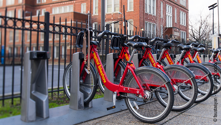 Capitol Bikeshare docking station with bicycles.