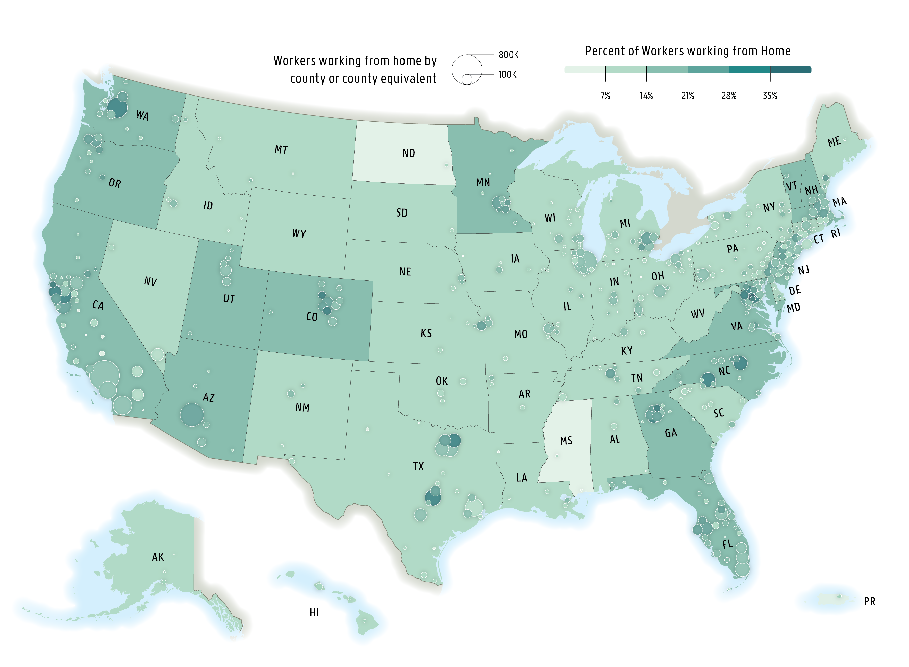 This map visualizes the share of workers working from home (WFH) at the county and state level using the U.S. Census Bureau’s American Community Survey 1-Year data for 2022.