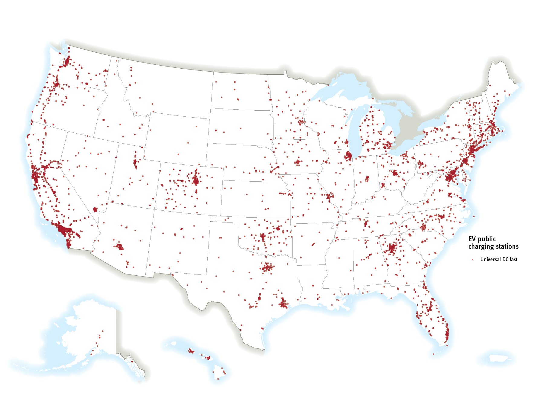 Map showing public level 2 direct current fast charging stations in the U.S. Fast charging stations are most prevalent on the East and West coasts.bThe Midwest has limited access to fast-charging stations.