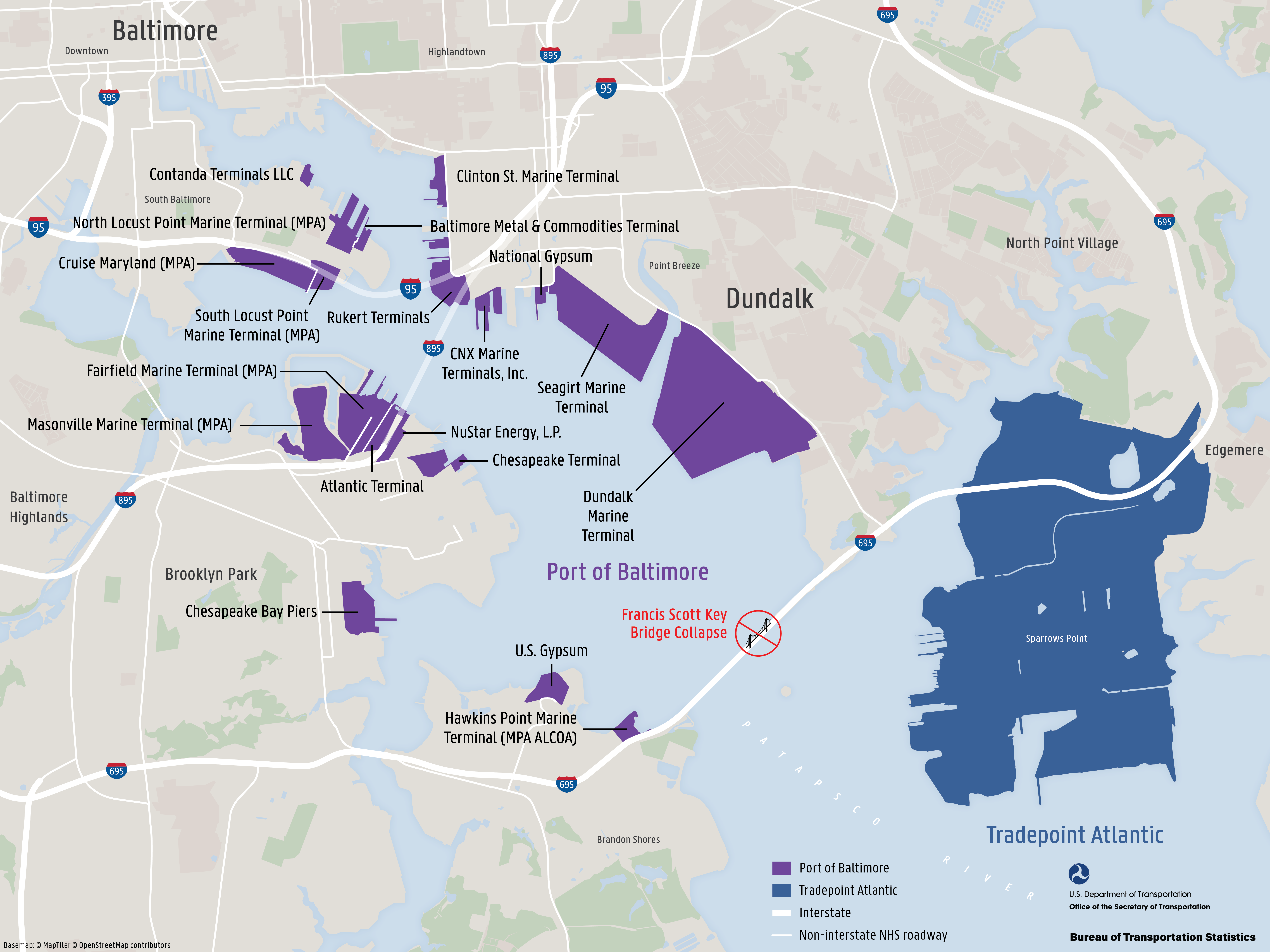 A large scale map depicting the location of the collapsed Francis Scott Key Bridge and nearby transportation infrastructure in Baltimore, Maryland.