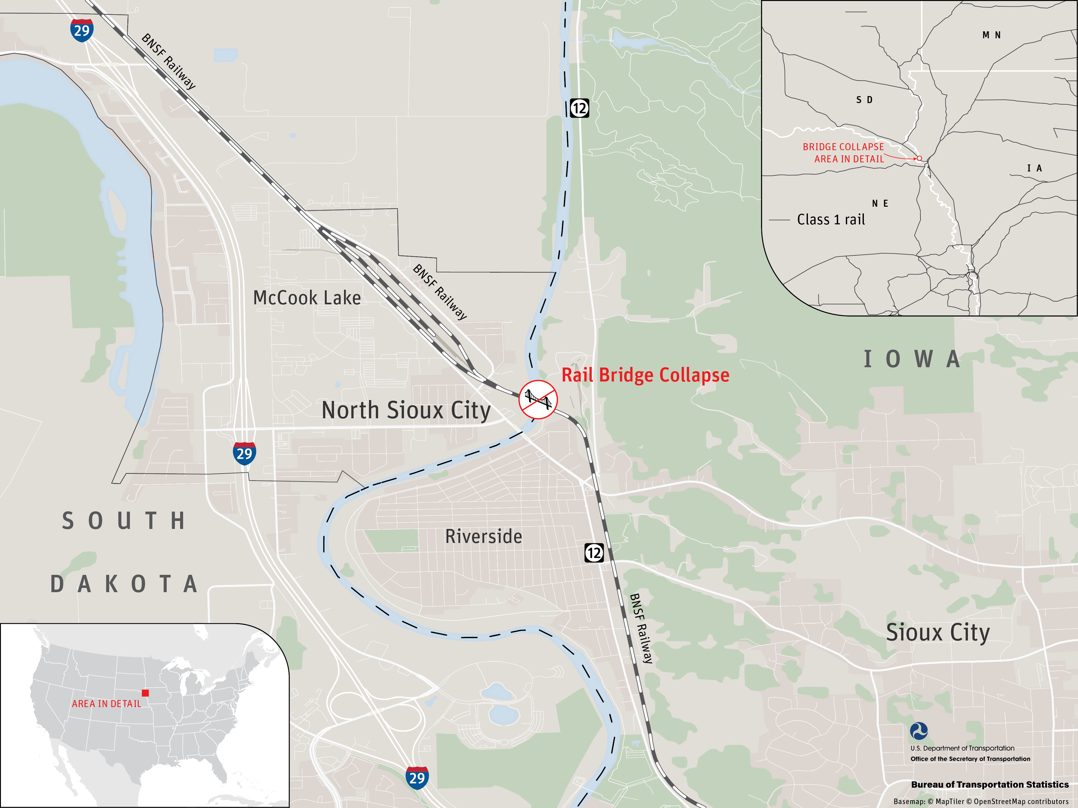 A large-scale map depicting the partial collapse of a BNSF railway bridge over the Big Sioux River due to flooding on the border of North Sioux City, South Dakota and Sioux City, Iowa.