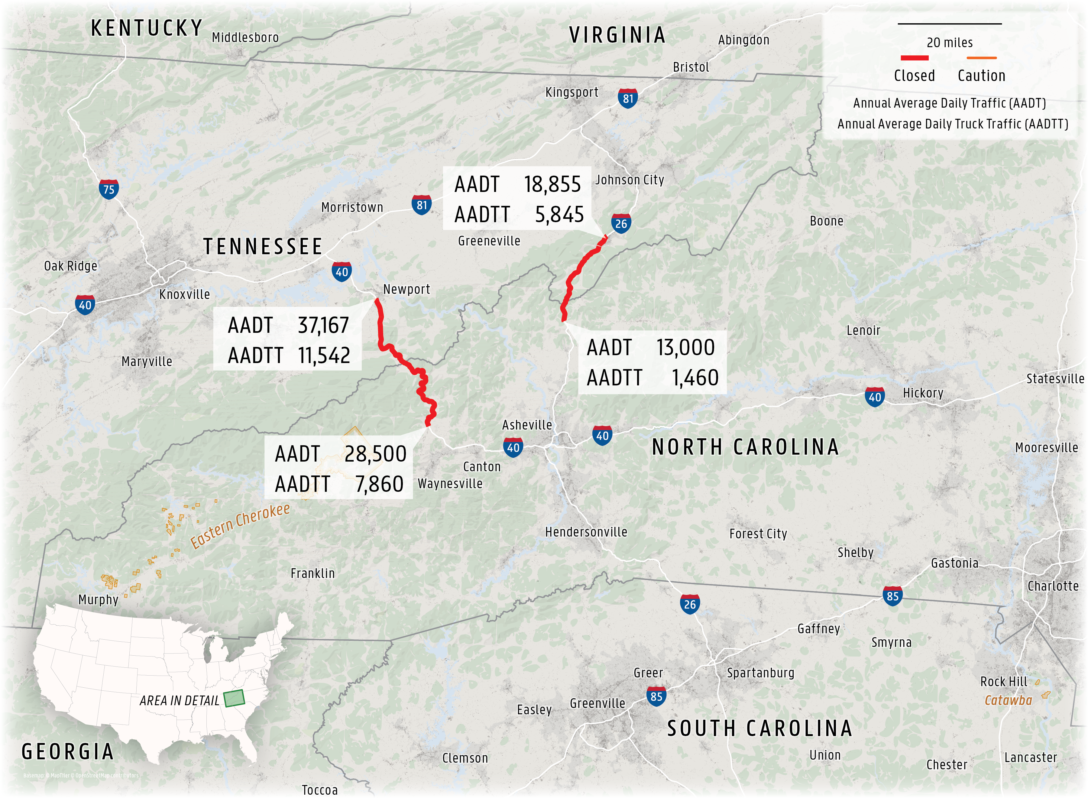 Map centered on the Tennessee-North Carolina border showing the I-40 breaks and the alternative interstate routes.