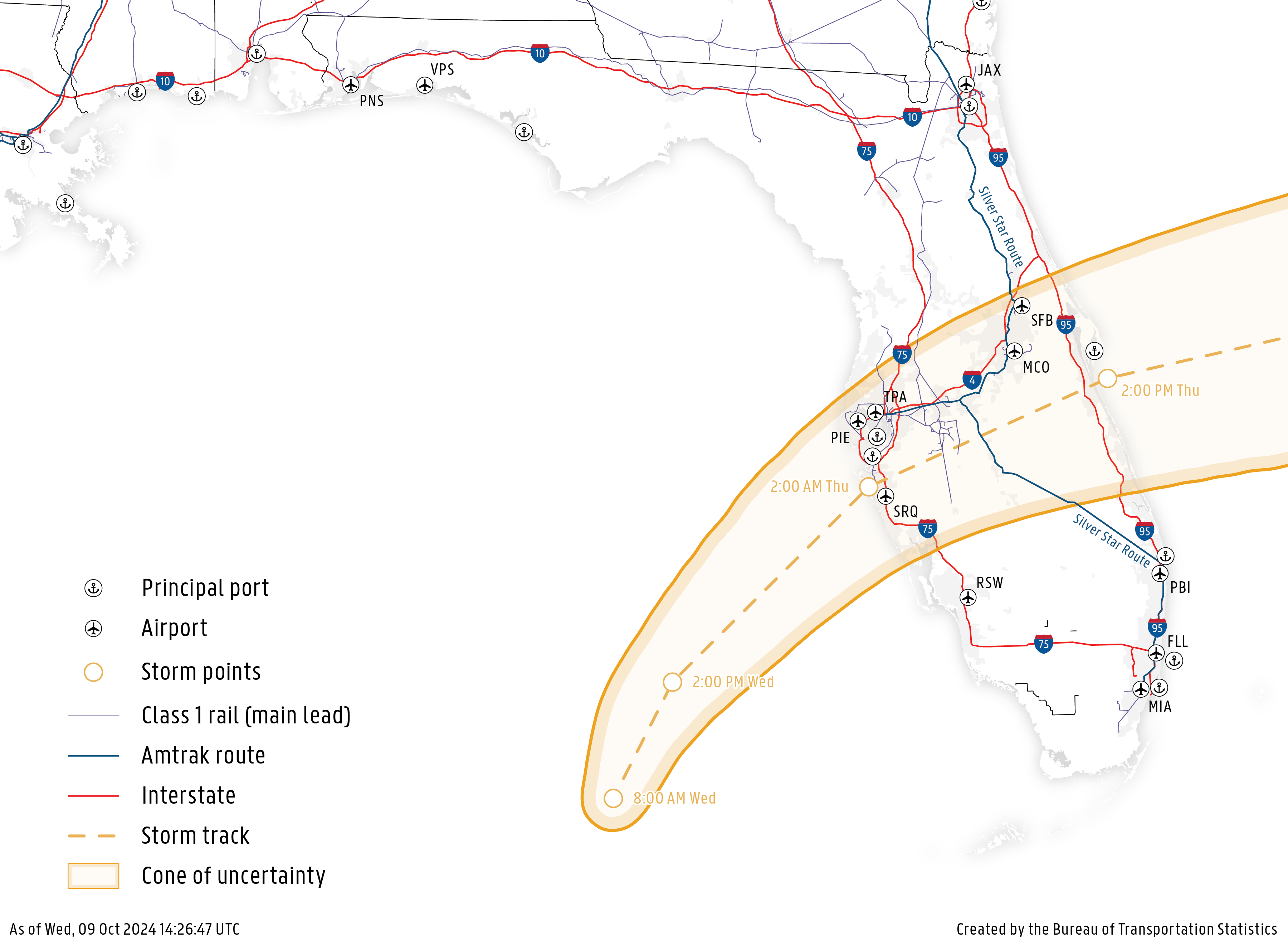 A map depicting the predicted path of Hurricane Milton through the state of Florida with transportation infrastructure shown. The storm's cone of uncertainty intersects several interstate routes, airports, class 1 railroads, principal maritime ports and the silver star Amtrak route. The storm is expected to make landfall at 2:00 AM on Thursday October 10th, 2024 on the western side of Florida and continue on to the Atlantic Ocean at 2:00 PM on the same day.