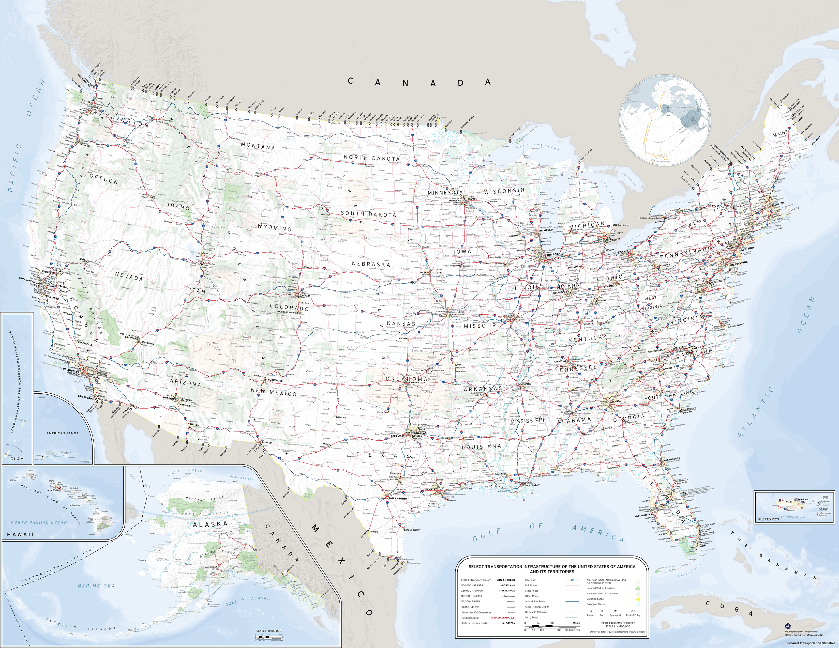 A map depicting major transportation infrastructure in the United States and its territories. This infrastructure consists of maritime, railway, roadway, and aviation facilities along with reference features consisting of populated places, administrative boundaries, urbanized areas, national forests and parks, American Indian, Alaska Native, and Native Hawaiian areas.
