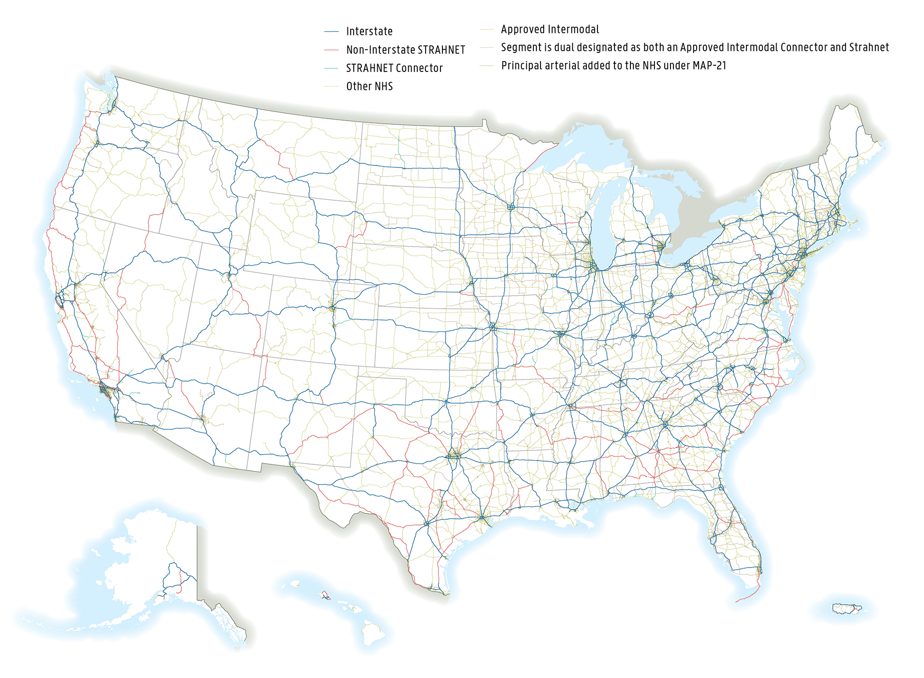 This map shows the National Highway System (NHS) and other principal arterials and intermodal connectors. The map includes interstates, non-interstate Strategic Highway Networks (STRAHNET), STRAHNET Connectors, other NHS, approved intermodals, segments in dual designated as both an Approved Intermodal Connector and STRAHNET, and principal arterial added to the NHS under MAP-21. Highways are most present in the densely populated urban centers in the northeast and parts and the Midwest, south, and west.