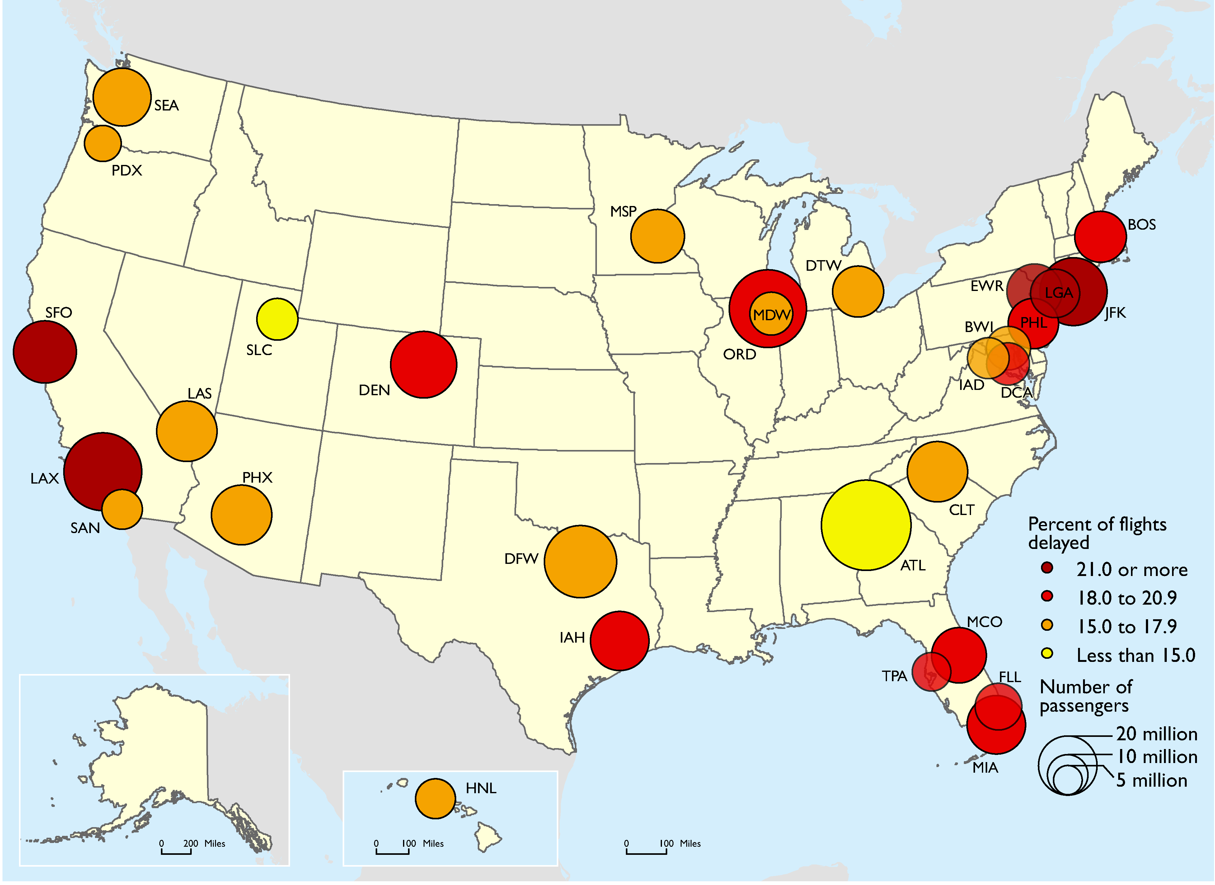 Large Airports by Enplanements and Overall Delay: 2015