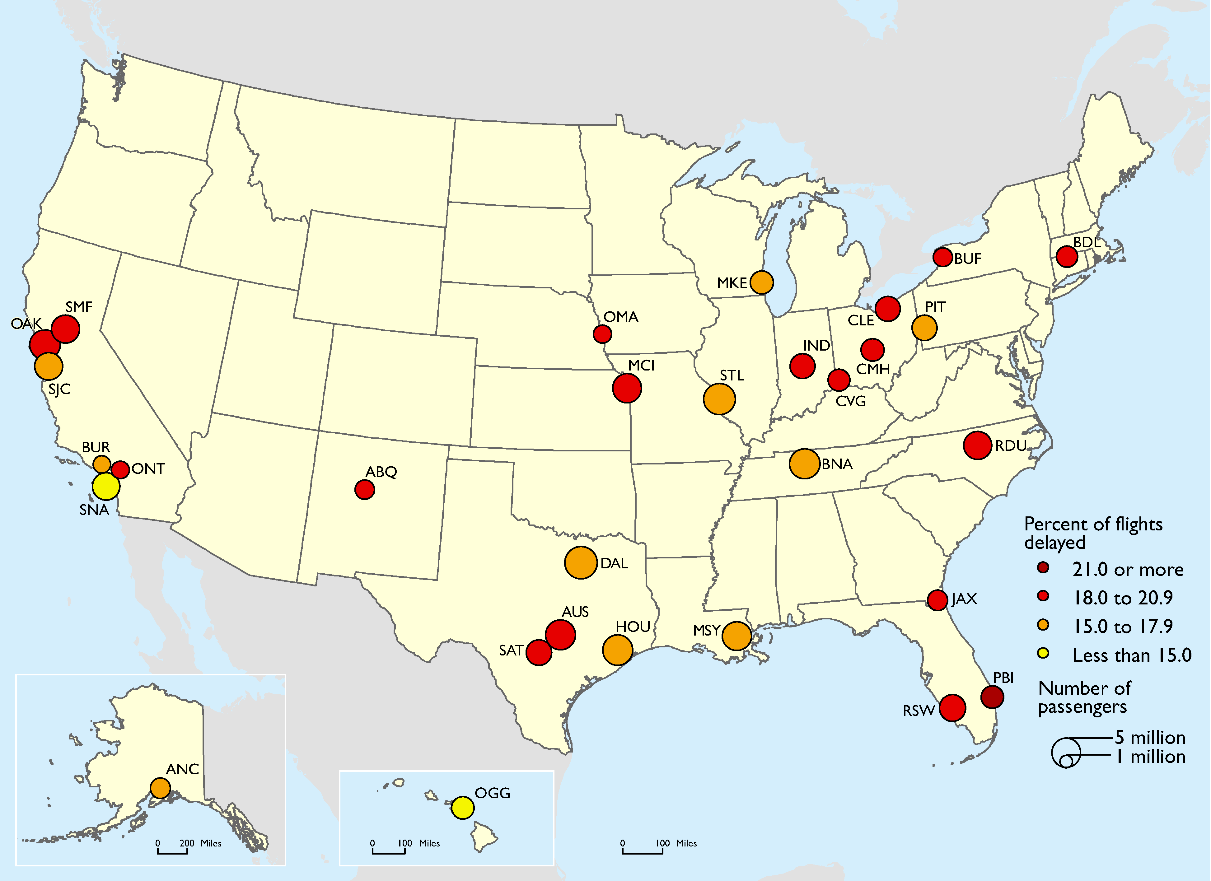 Medium Airports by Enplanements and Overall Delay: 2015