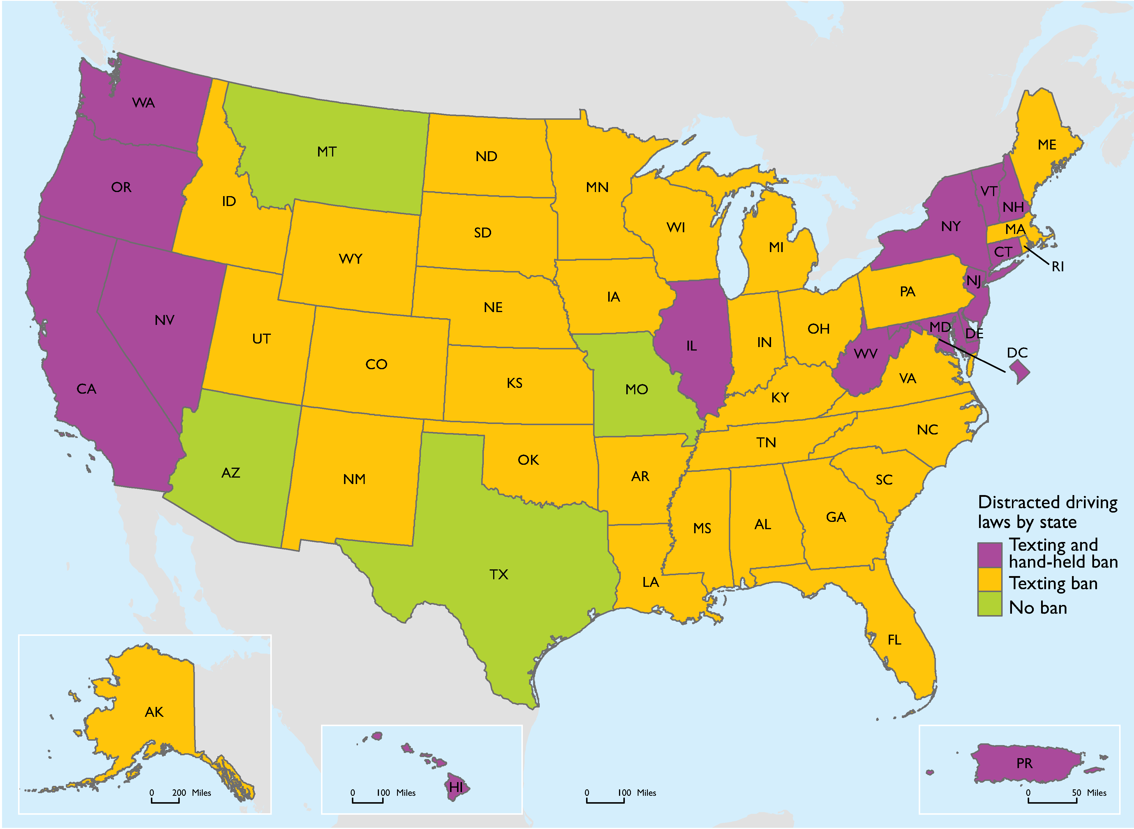 State Laws on Distracted Driving Ban on Hand-Held Devices and Texting While Driving
