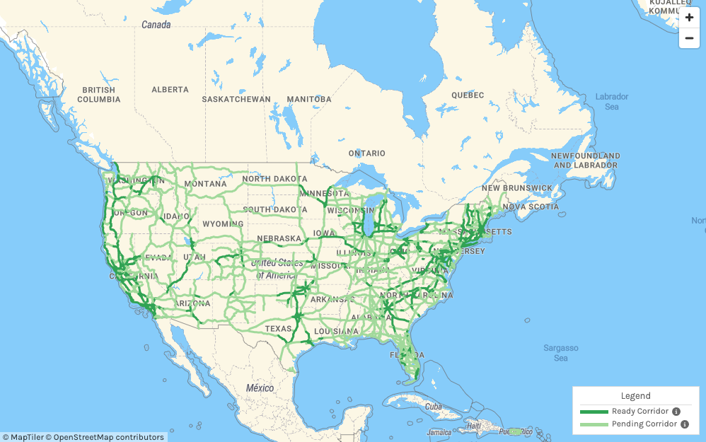 This map represents the locations of fast charging corridors. Completed charging corridors are most present in the northeast and west coast. Pending corridors spread across the country with a high concentration in the Midwest.