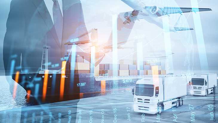 Freight being transported across multiple modes of transportation.