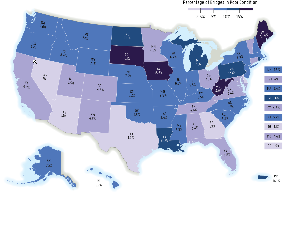 This map depicts the portion of bridges in poor condition by state in 2025.