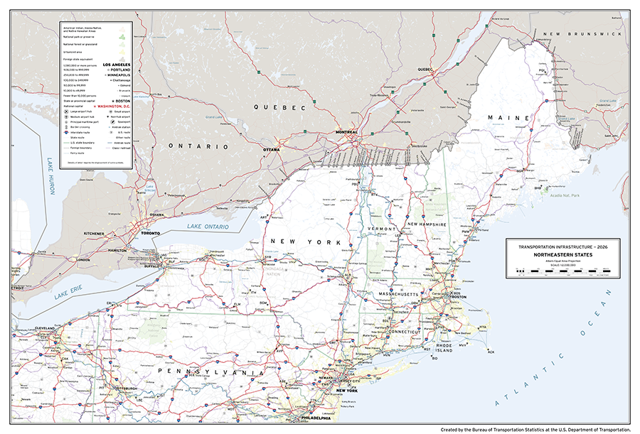 A map depicting major transportation infrastructure in the Northeastern United States comprising the states of ME, MA, NH, VT, RI, CT, NY, and NJ. Aviation, roadway, rail, space, and water infrastructure are shown in addition to populated places and areas of interest.