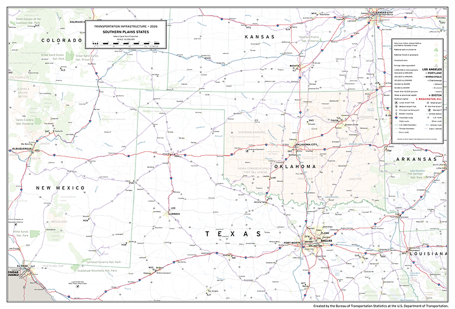 A map depicting major transportation infrastructure in the Southern Plains states of the United States comprising the states of KS, CO, OK, NM, and TX. Aviation, roadway, rail, space, and water infrastructure are shown in addition to populated places and areas of interest.