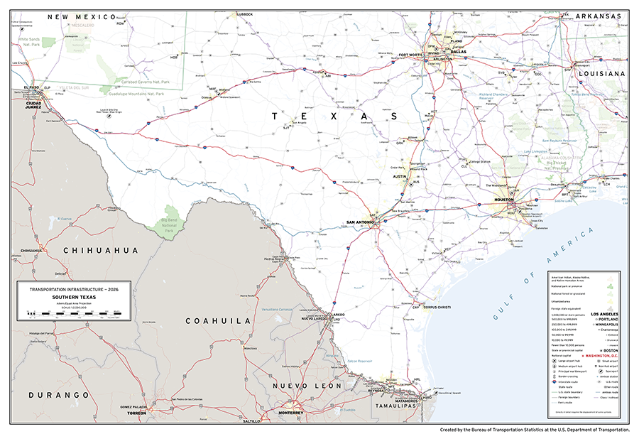 A map depicting major transportation infrastructure in the southern portion of the U.S. state of Texas. Aviation, roadway, rail, space, and water infrastructure are shown in addition to populated places and areas of interest.