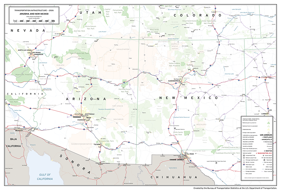 A map depicting major transportation infrastructure in the U.S. states of New Mexico and Arizona. Aviation, roadway, rail, space, and water infrastructure are shown in addition to populated places and areas of interest.