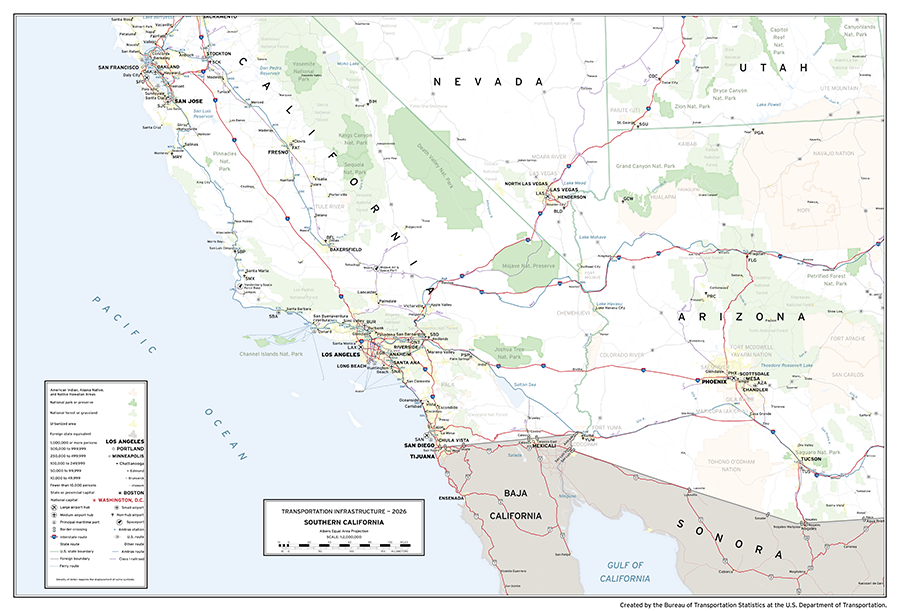 A map depicting major transportation infrastructure in the southern portion of the U.S. state of California. Aviation, roadway, rail, space, and water infrastructure are shown in addition to populated places and areas of interest.