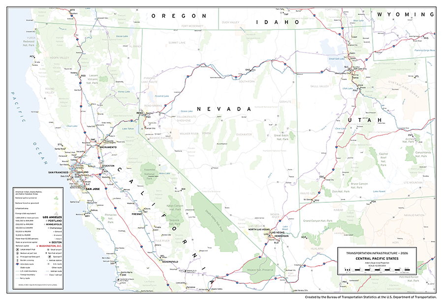 A map depicting major transportation infrastructure in the Central Pacific states of the United States comprising the states of CA, NV, and UT. Aviation, roadway, rail, space, and water infrastructure are shown in addition to populated places and areas of interest.