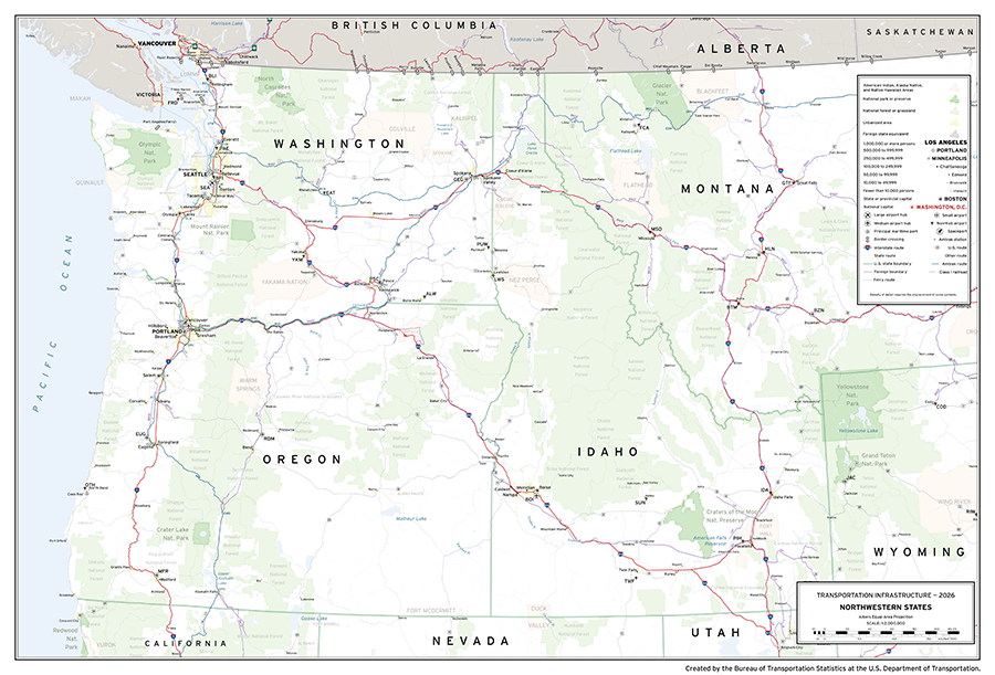 A map depicting major transportation infrastructure in the Northwestern states of the United States comprising the states OR, ID, WA, and MT. Aviation, roadway, rail, space, and water infrastructure are shown in addition to populated places and areas of interest.
