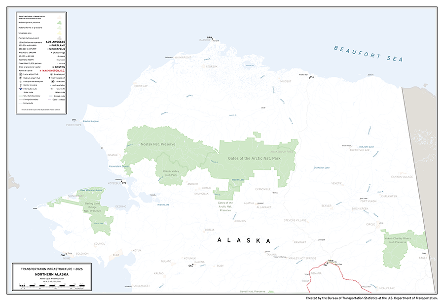 A map depicting major transportation infrastructure in the northern portion of the U.S. state of Alaska. Aviation, roadway, rail, space, and water infrastructure are shown in addition to populated places and areas of interest.
