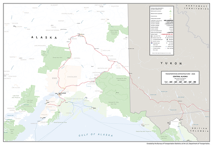 A map depicting major transportation infrastructure in the central portion of the U.S. state of Alaska. Aviation, roadway, rail, space, and water infrastructure are shown in addition to populated places and areas of interest.