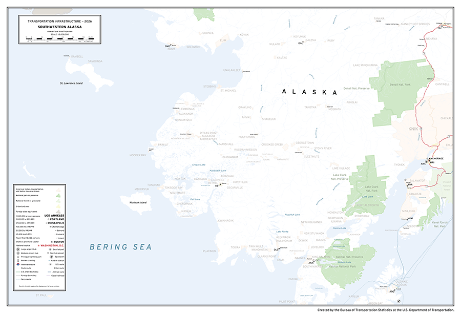 A map depicting major transportation infrastructure in the southwestern portion of the U.S. state of Alaska. Aviation, roadway, rail, space, and water infrastructure are shown in addition to populated places and areas of interest.