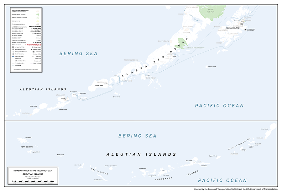 A map depicting major transportation infrastructure in the Aleutian Islands of the U.S. state of Alaska. Aviation, roadway, rail, space, and water infrastructure are shown in addition to populated places and areas of interest.