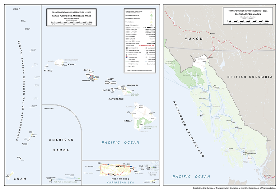 A map depicting major transportation infrastructure in southeastern part of the U.S. state of Alaska, in addition to the state of Hawaii and the territories of Puerto Rico, U.S. Virgin Islands, Guam, American Samoa, and the Commonwealth of the Northern Mariana Islands. Aviation, roadway, rail, space, and water infrastructure are shown in addition to populated places and areas of interest.