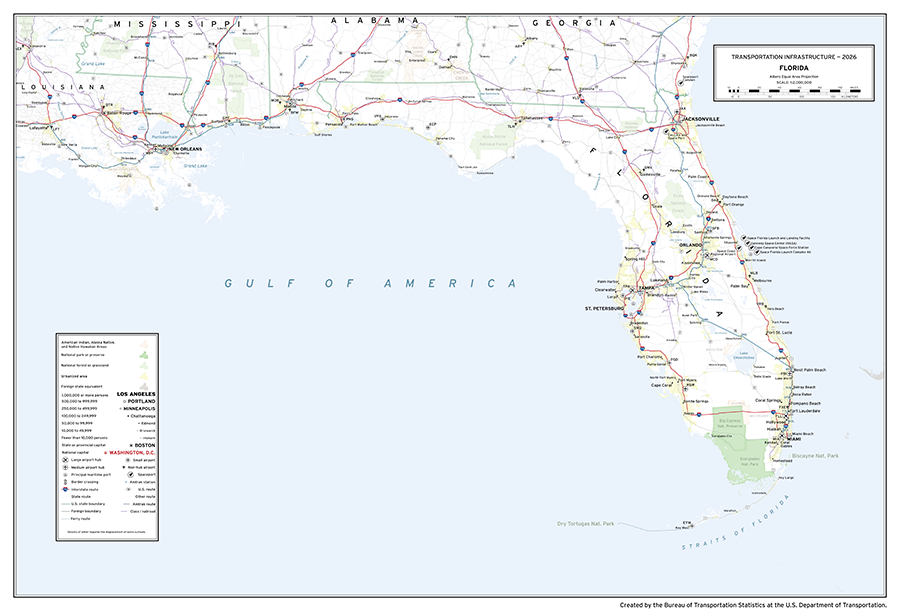A map depicting major transportation infrastructure in the U.S. state of Florida. Aviation, roadway, rail, space, and water infrastructure are shown in addition to populated places and areas of interest.