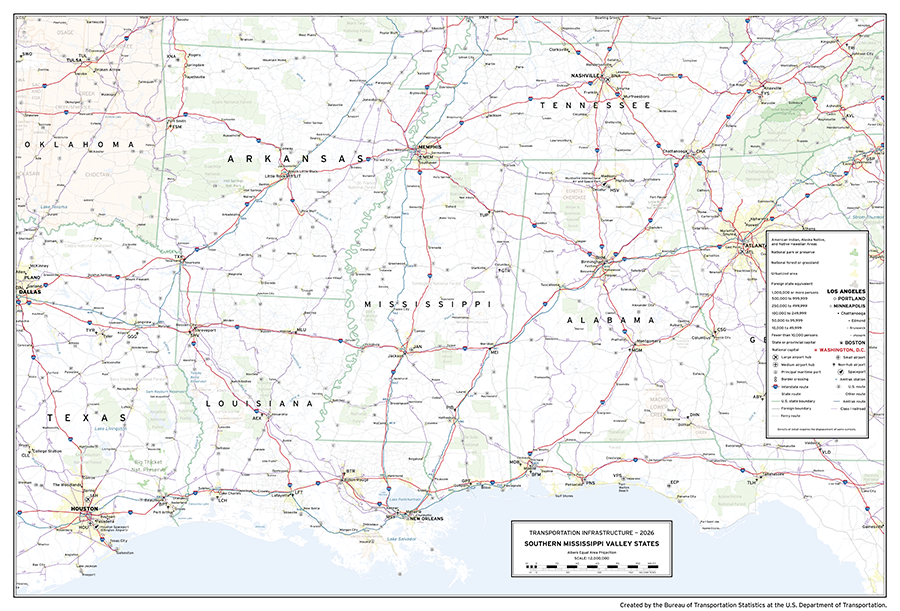 A map depicting major transportation infrastructure in the Southern Mississippi Valley states of the United States comprising the states of AL, MS, TN, AR, OK, TX, and LA. Aviation, roadway, rail, space, and water infrastructure are shown in addition to populated places and areas of interest.
