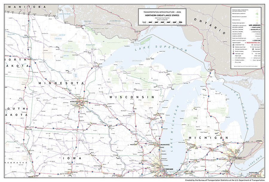 A map depicting major transportation infrastructure in the Northern Great Lake states of the United States comprising the states of MI, WI, and MN. Aviation, roadway, rail, space, and water infrastructure are shown in addition to populated places and areas of interest.