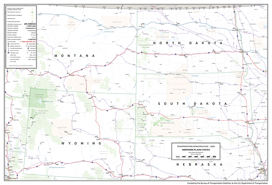 A map depicting major transportation infrastructure in the Northern Plains states of the United States comprising the states of MT, ND, SD, NE, and WY. Aviation, roadway, rail, space, and water infrastructure are shown in addition to populated places and areas of interest.