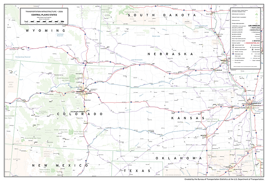 A map depicting major transportation infrastructure in the Central Plains states of the United States comprising the states of WY, SD, NE, KS, CO, OK, TX, and NM. Aviation, roadway, rail, space, and water infrastructure are shown in addition to populated places and areas of interest.