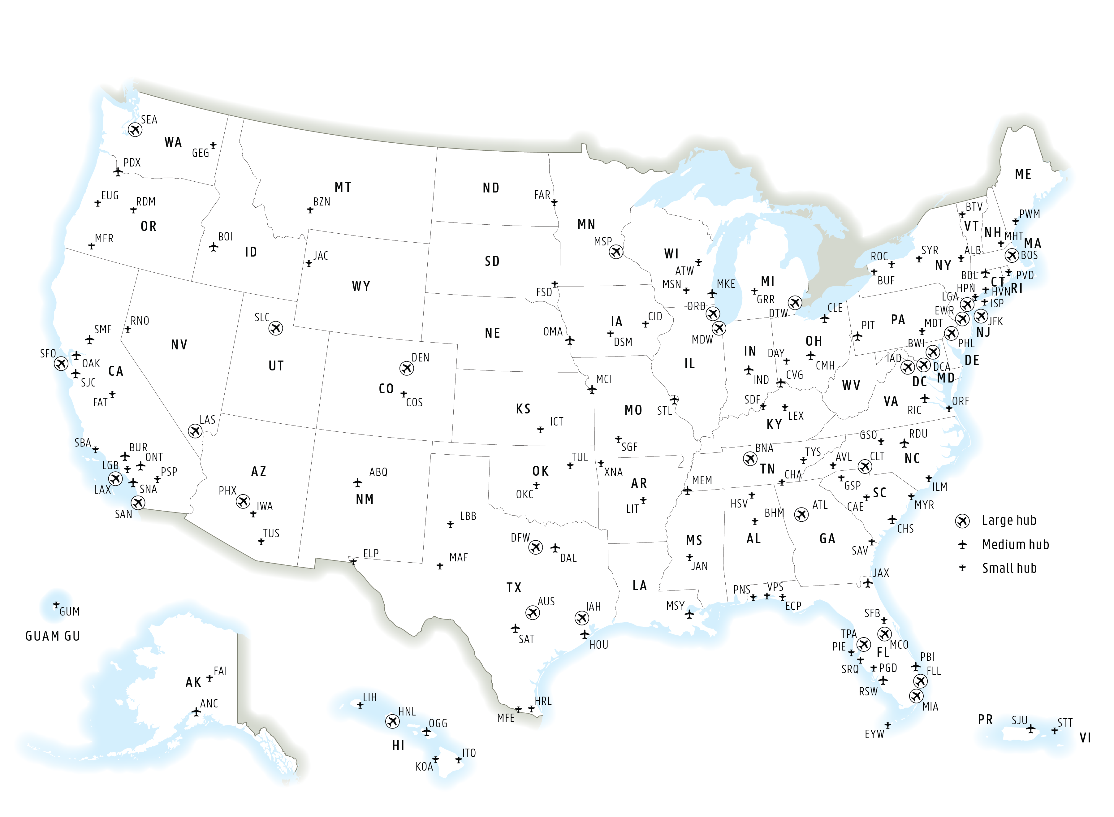 This map depicts large, medium, and small hub airports. Large hubs are concentrated in major urban areas, whereas medium and small hubs are concentrated in less urban parts of the U.S..