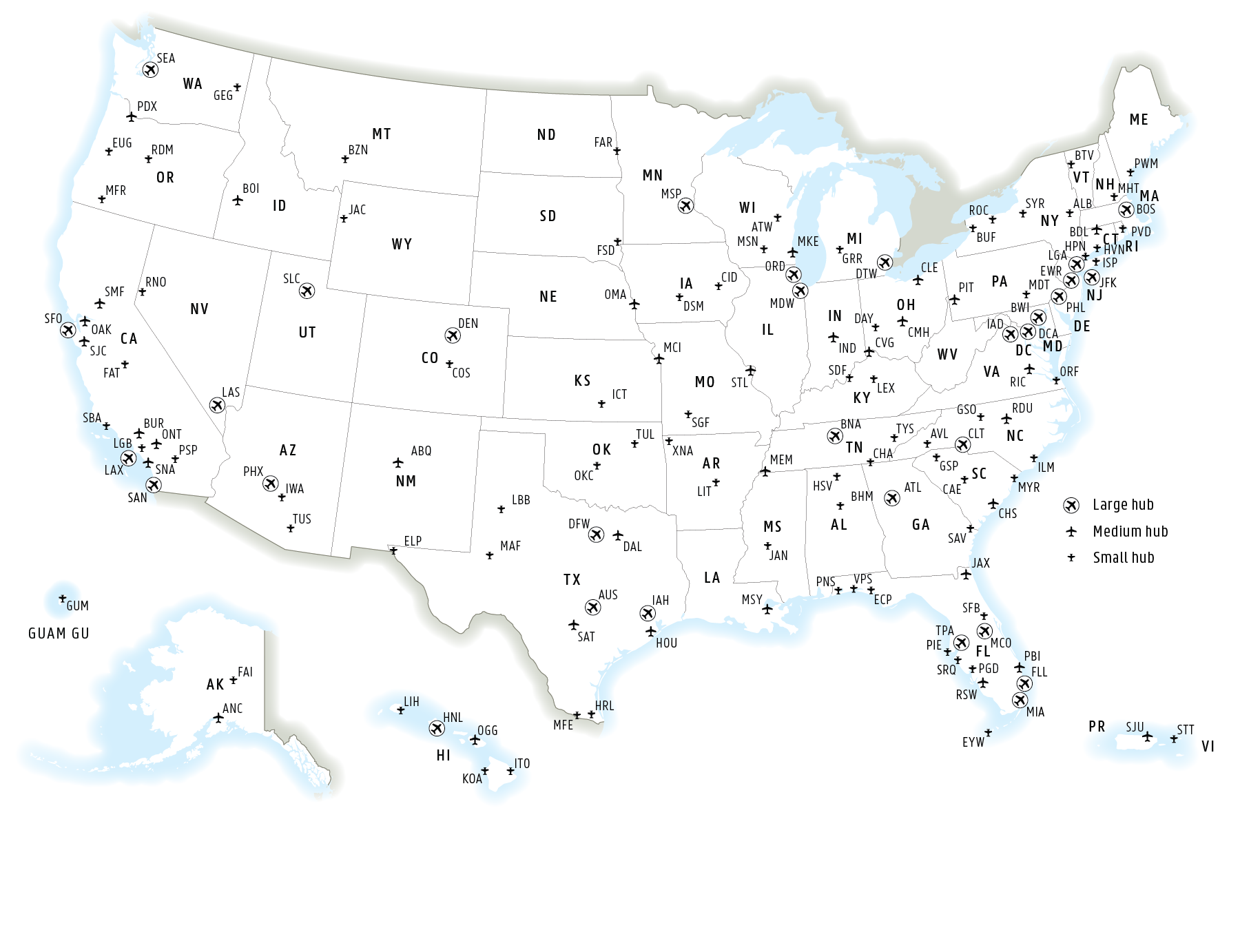 This map depicts large, medium, and small hub airports. Large hubs are concentrated in major urban areas, whereas medium and small hubs are concentrated in less urban parts of the U.S.
